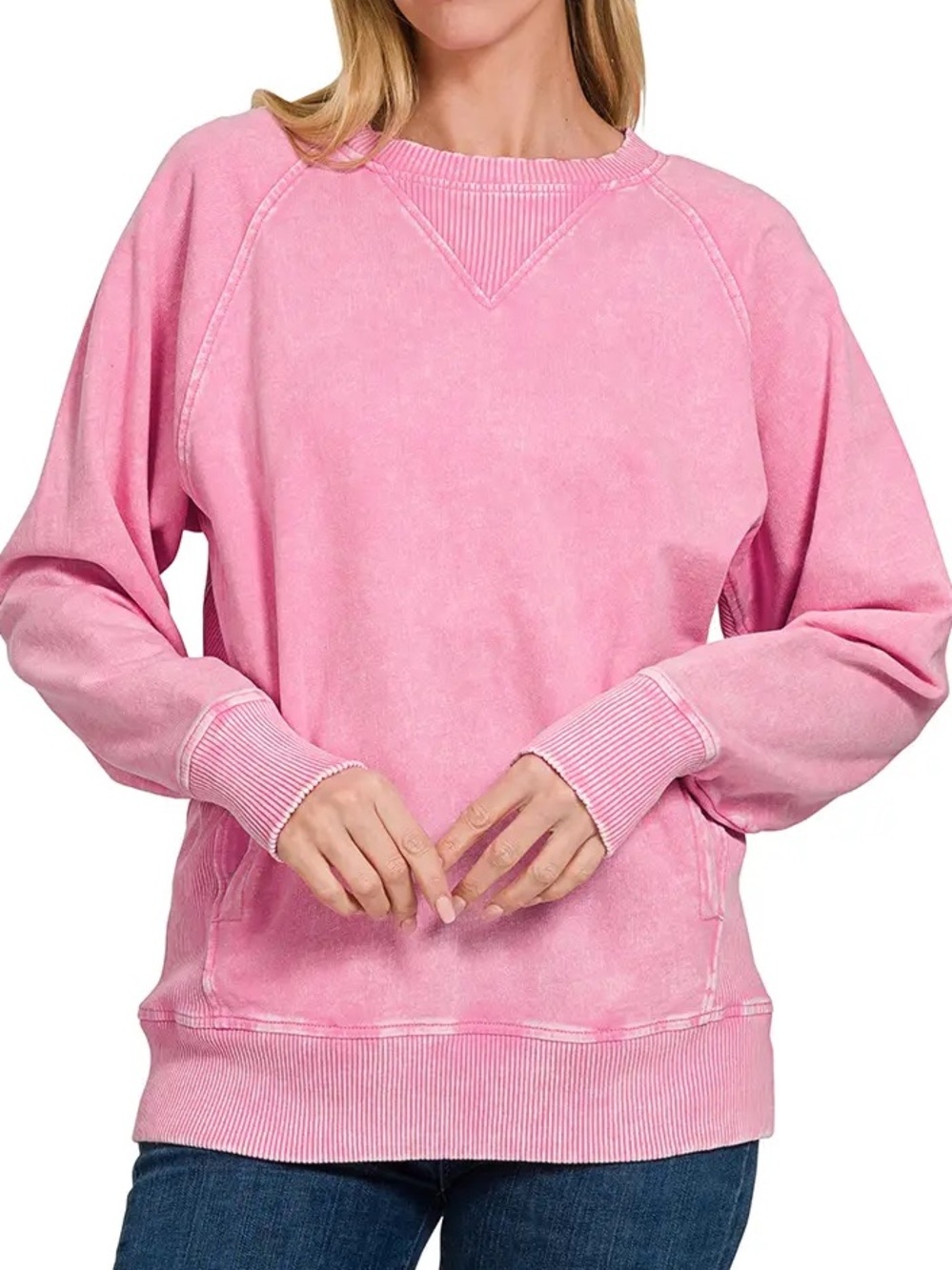 ZENANA Bubblegum Pink Distressed Mineral/Acid Wash Crewneck Sweatshirt